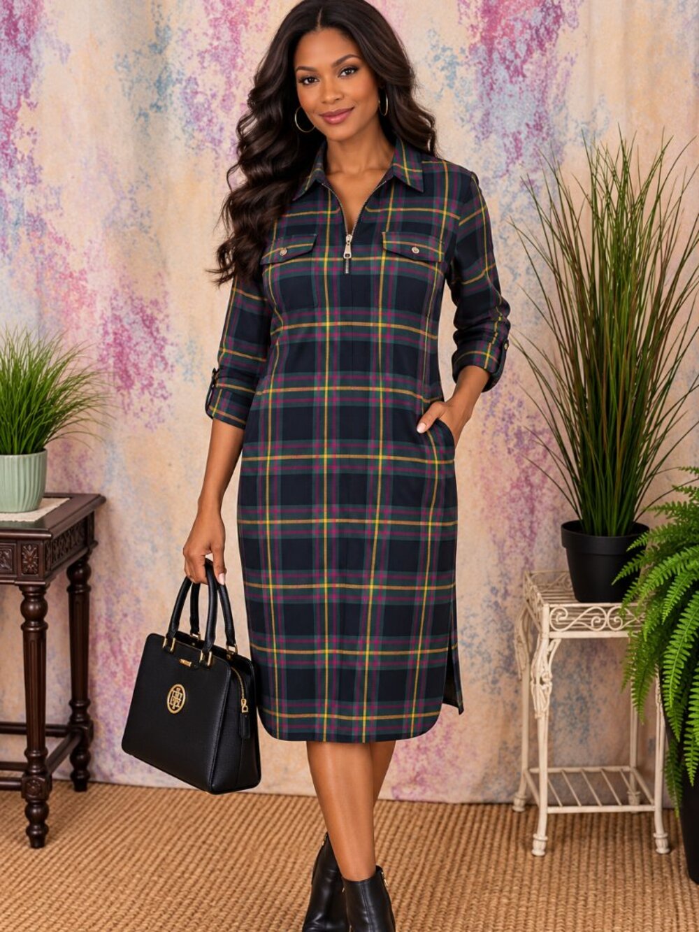 VTG 📌Liz Claiborne Plaid Rayon Petit Dress with Pockets, Collar & Long Sleeves